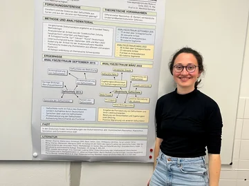 Eine Studierende präsentiert eine Poster mit dem Titel "Geflüchtete und Menschen aus der Ukraine".