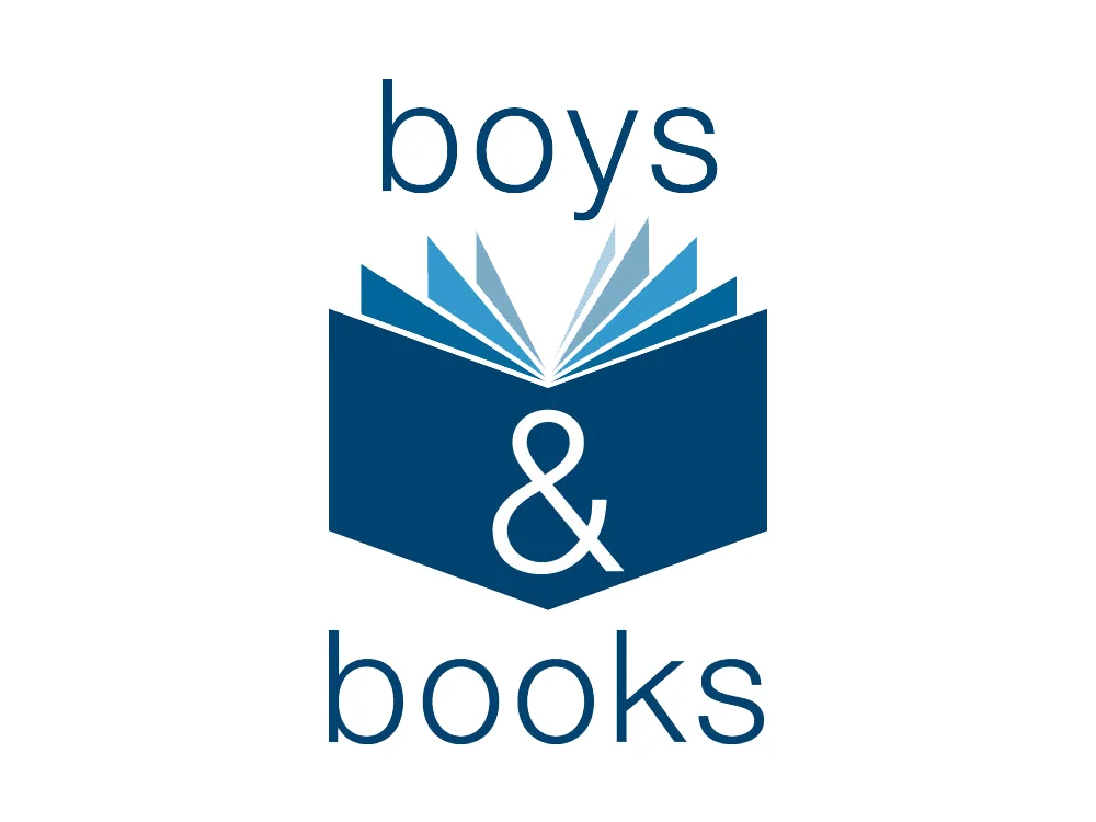 Das Logo ist ein weißer Kreis, mit einem blauen aufgeschlagene buch in der Mitte, oberndrüber steht "boys", untendrunter "books", auf dem stilisierten Buch ist das "und"-Zeichen