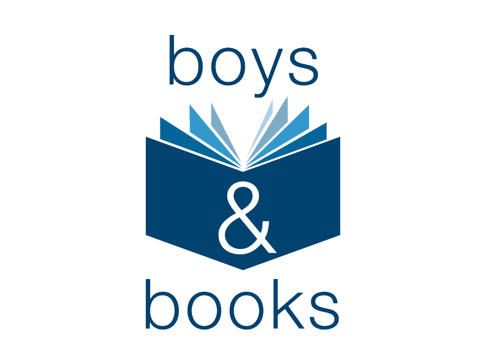 Das Logo ist ein weißer Kreis, mit einem blauen aufgeschlagene buch in der Mitte, oberndrüber steht "boys", untendrunter "books", auf dem stilisierten Buch ist das "und"-Zeichen