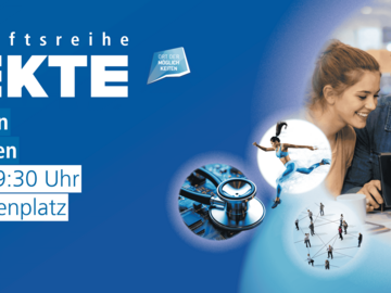 Auf blauem Hintergrund ist das EFFKTE-Logo und die Daten der Veranstaltung. Links verschiedene Bilder zu Bewegung und Medizin, auf dem runden Bild ein junger Mann und zwei junge Frauen sitzen gut gelaunt um ein Tablet herum.
