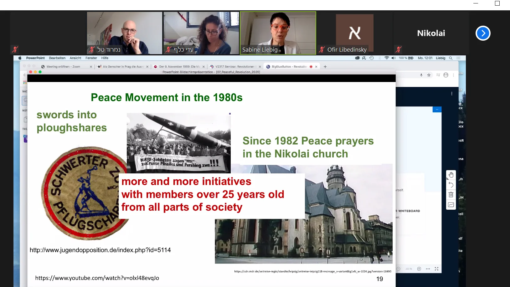 Online-Kooperationsseminar: Präsentation von Prof. Dr. Sabine Liebig (3.v.l.), Gastgeber war Dr. Nimrod Tal aus Tel Aviv (1.v.l.). Screenshot: PHKA