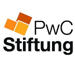 Logo der PwC Stiftung mit Schriftzug und drei orange-braunen Quadraten links neben "PwC"