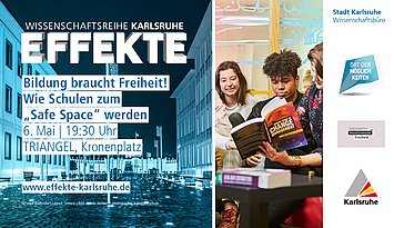 2025_05_06_EFFEKTE_Titelbild Neben dem Logo und Symbilbild der EFFEKTE-Reihe 2024-25 ist das Bild eines einer Gruppe Studierender zu sehen. die Person in der Mitte liest.