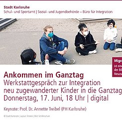 Das Banner enthält ein Bild, die Daten zur Veranstaltung und die vier Logos der beteilgiten Institutionen. Das schmale Bild zeigt eine FSJ-Kraft, ein junger Mann, mit fünf Kindern mit Migrationshintergrund auf dem Schulhof hockend. Der junge Mann und eine ältere Schülerin tragen Maske.  gt  