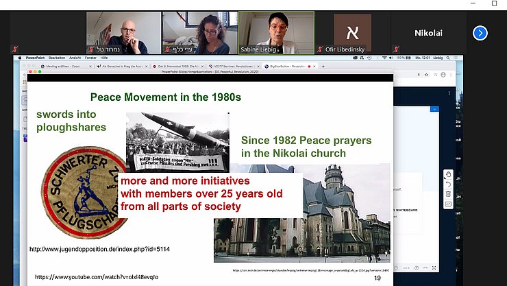 Online-Kooperationsseminar: Präsentation von Prof. Dr. Sabine Liebig (3.v.l.), Gastgeber war Dr. Nimrod Tal aus Tel Aviv (1.v.l.). Screenshot: PHKA