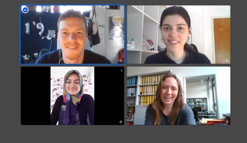 Austauschstudierende aus den Niederlanden, aus Russland und der Türkei (v.l.) in einer Video-Konferenz mit Julia Friedl (r.u.) vom International Office der Pädagogischen Hochschule Karlsruhe. Screenshot: Pädagogische Hochschule Karlsruhe